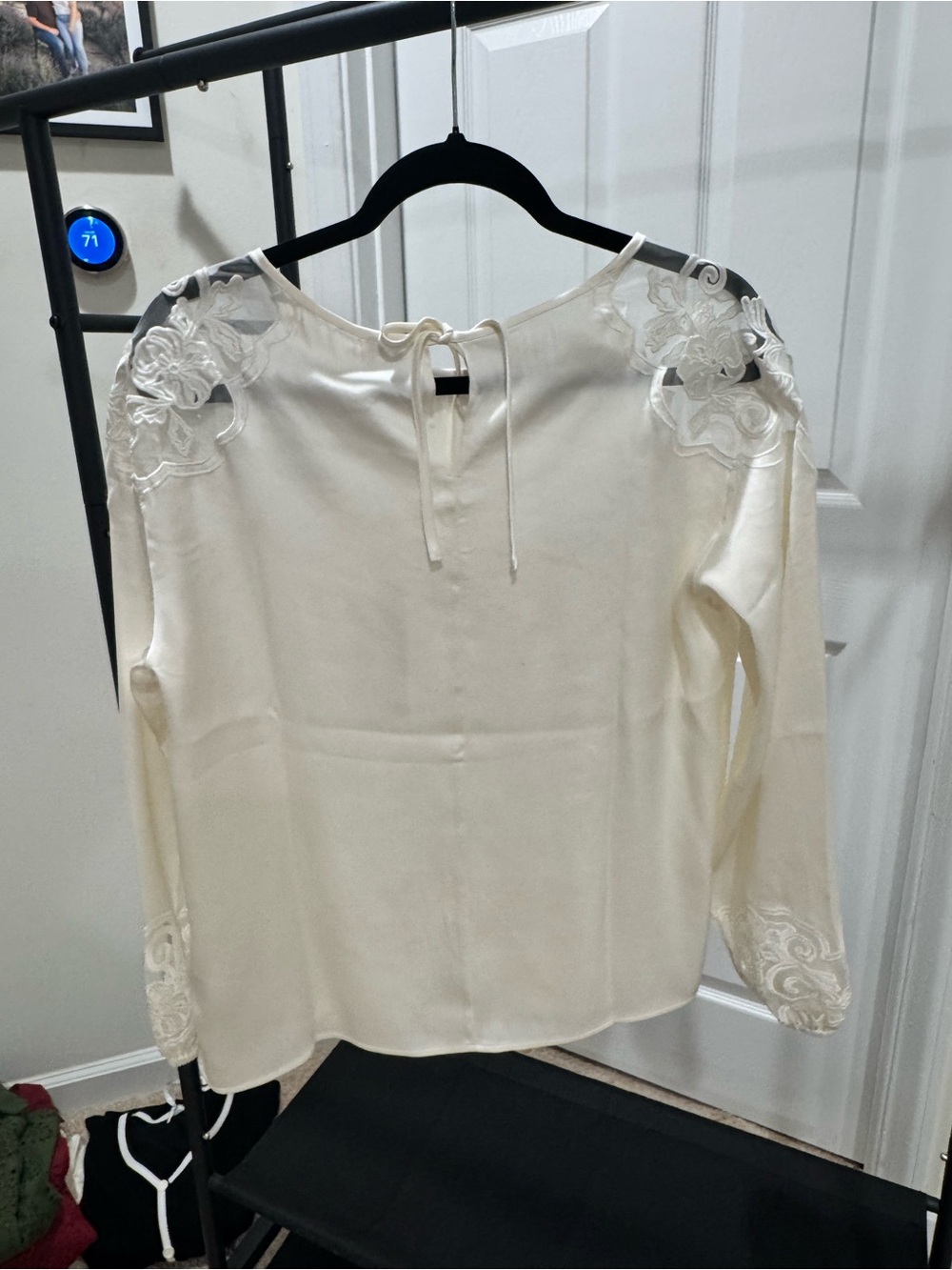 Joie Cream Satin and Lace-Shoulder Long Sleeve Blouse